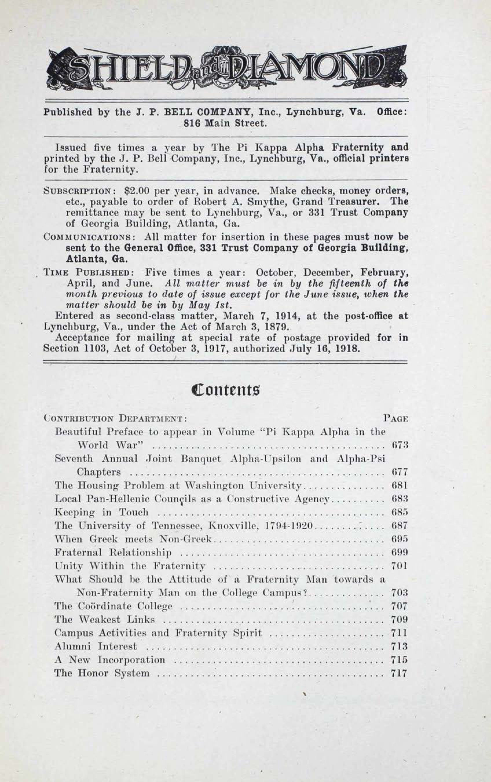 Shield and Diamond, Vol. 29, No. 5, June 1920